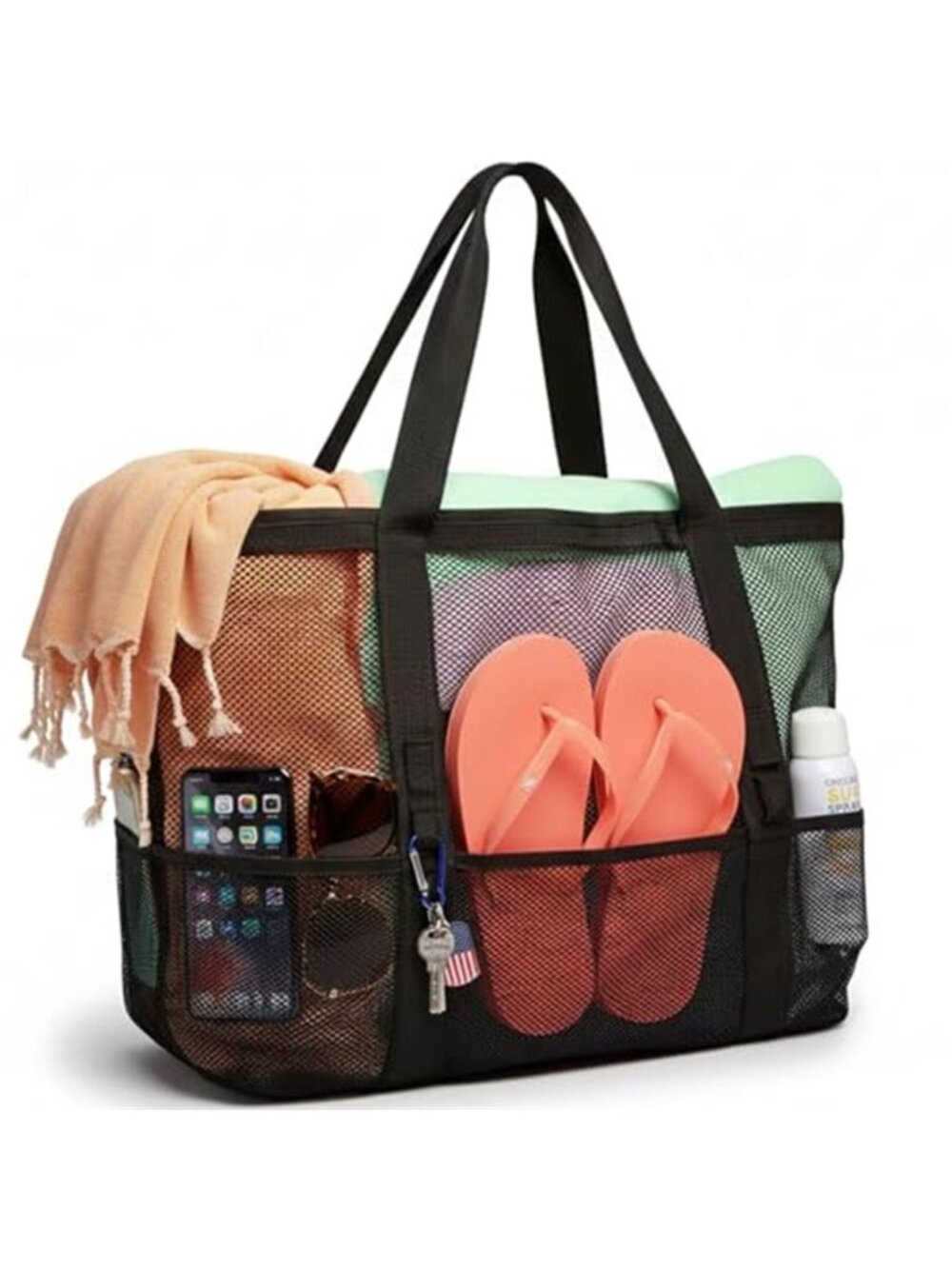 F-color Mesh Beach Bag Family - Large Tote Bag 9 Pockets for Swim Pool Toys